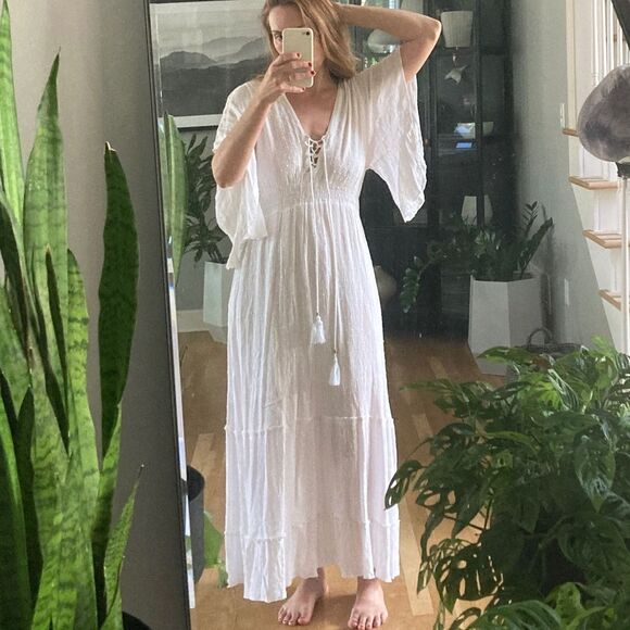 Italian Designer White Goddess Dress Butterfly Sleeves Tiered Tassels Maxi M - Picture 5 of 5